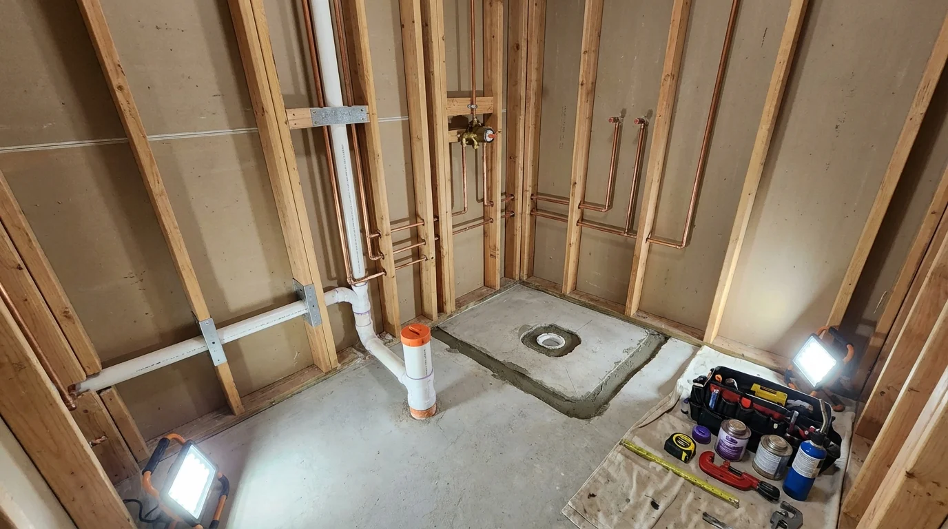 Bathroom rough-in plumbing during remodel by Johns Plumbing LLC in Lansdale