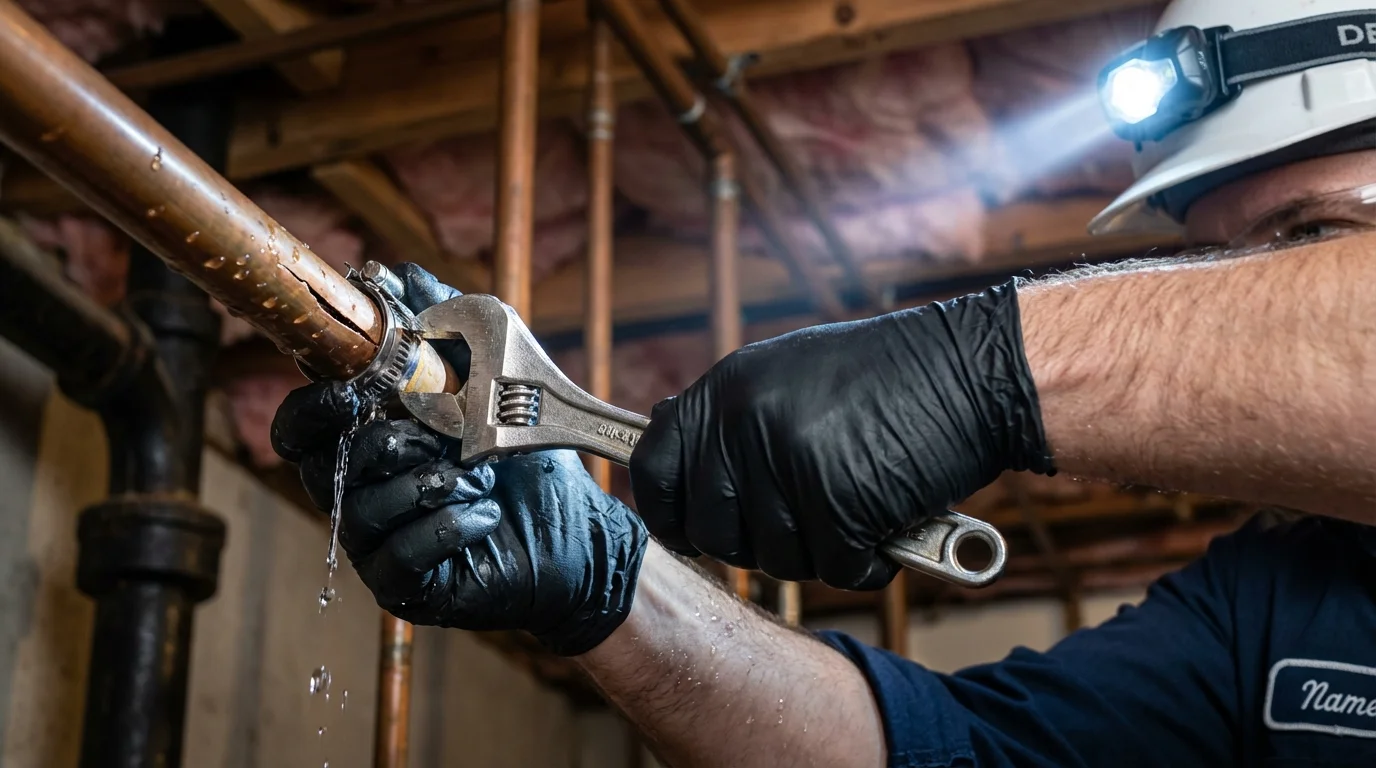 Emergency pipe clamp repair being performed by a Johns Plumbing LLC plumber in Lansdale