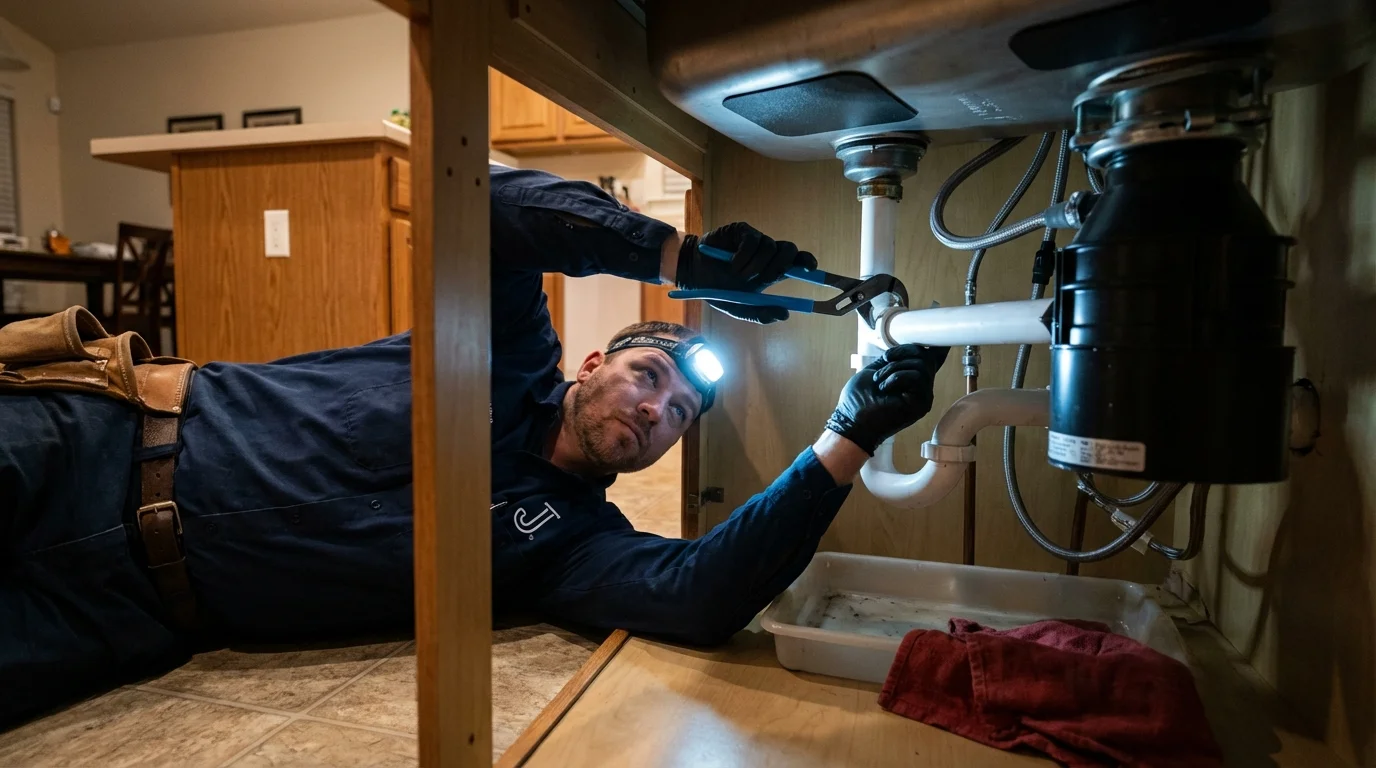 P-trap and supply line connections under a kitchen sink showing a common leak point in Lansdale, PA